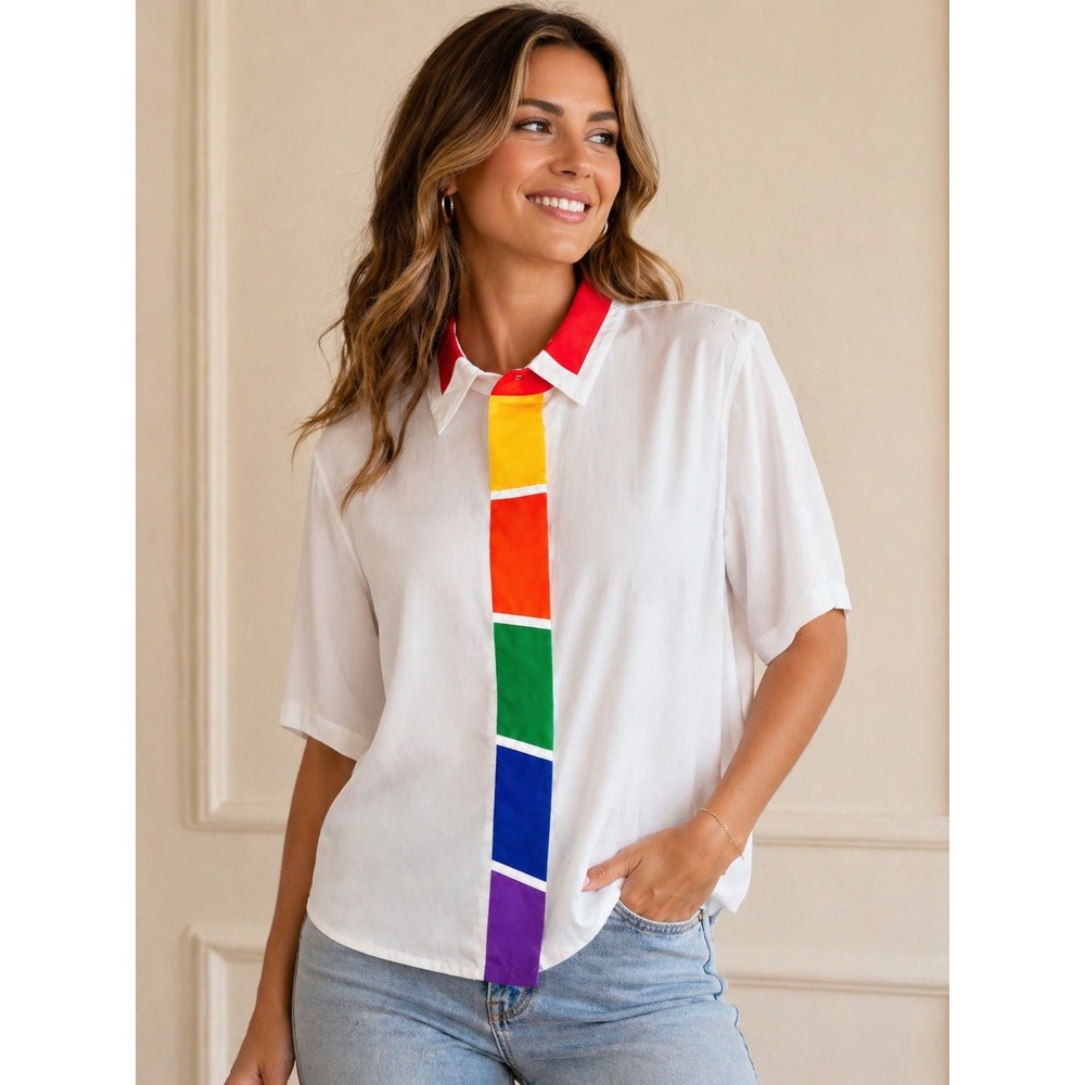 Worthington Womens Rainbow Stripe Button Up White Red Collar Short Sleeve 14M